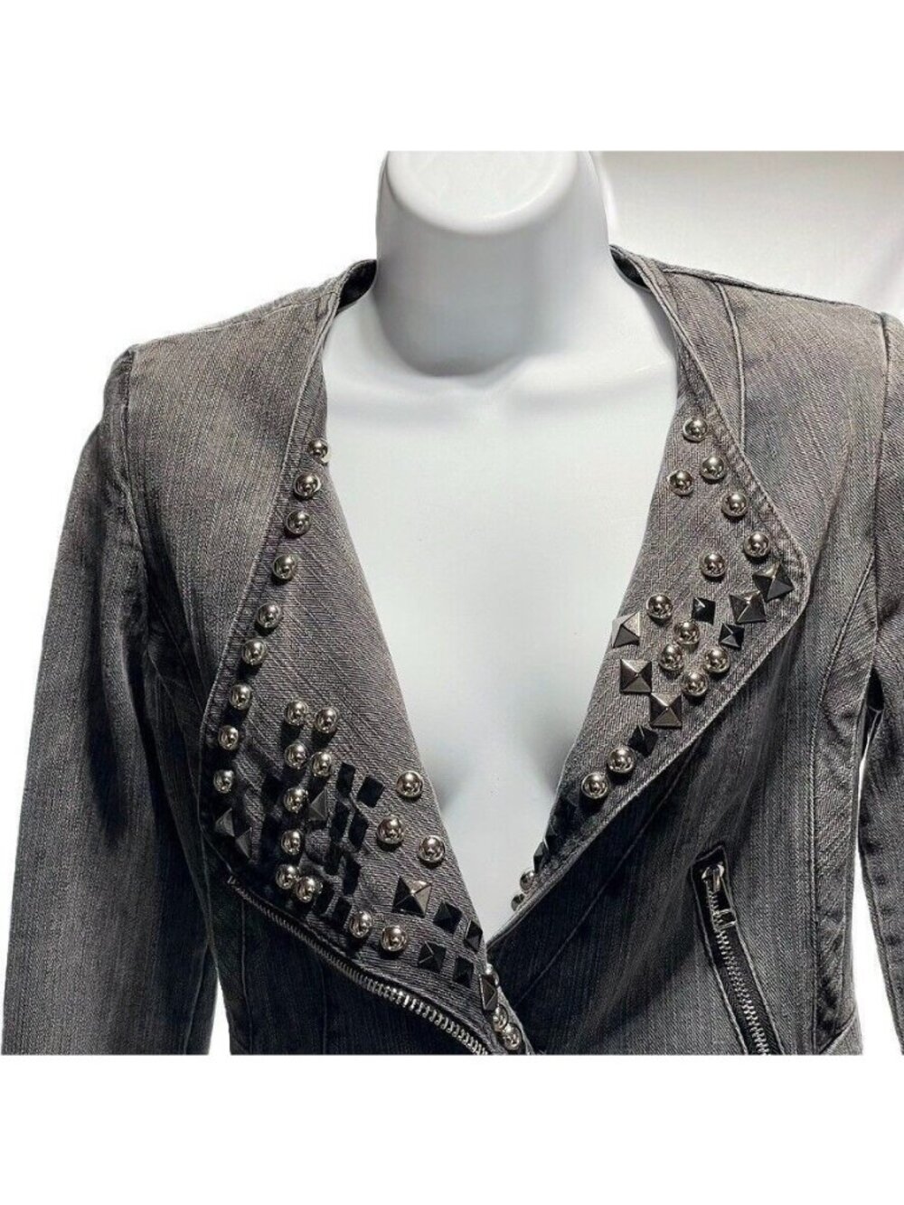 TOV HOLY G Denim Jacket Gray Cotton Embellished Moto Jean Jacket Women's Size S - Picture 4 of 16